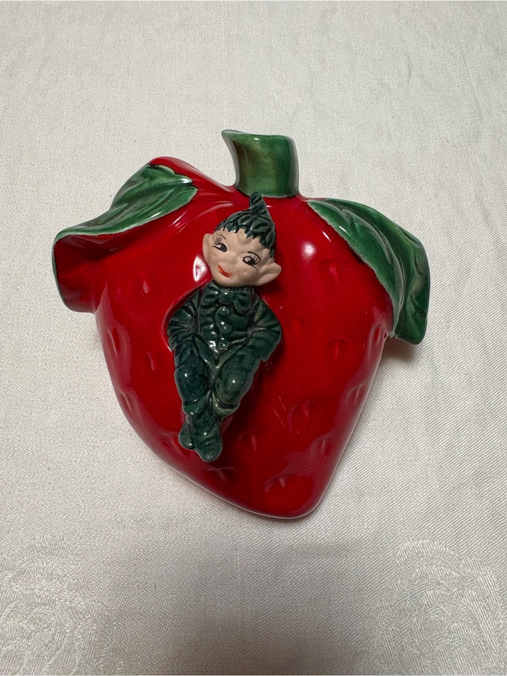 Vintage Gilner Red Strawberry Elf Ceramic Wall Pocket